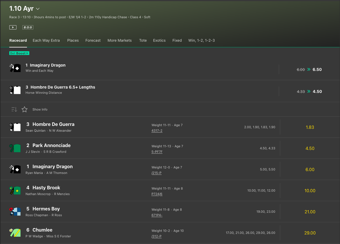 Screenshot of Ayr horse race odds at Bet365